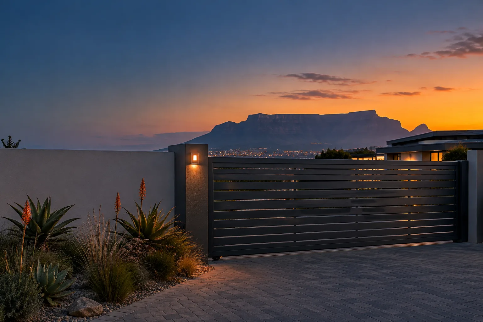 A closed charcoal sliding gate in a Cape Town driveway at dusk, with Table Mountain in the distance
